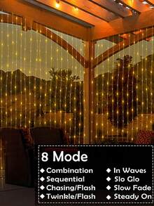 1条太阳能窗帘灯串 - 100/200/300颗LED灯珠，8种照明模式，IP65防水，户外太阳能灯串，适用于花园、露台、凉亭、房屋墙壁、家居、婚礼、派对、窗户、圣诞节、节日、复活节装饰，室内/室外（暖白/白/彩色） - 黑色 - 查看 5