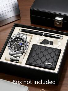 这款四件套婚礼季轻奢男士商务礼盒，属于男士腕表配件系列，包含一款多功能奢华男士腕表、一支男士钢笔、一个压纹钱包和一个钥匙扣。银色金属表带搭配罗马数字时标，散发着沉稳高贵的气质，彰显精英品味。 - 銀色 - 查看 1