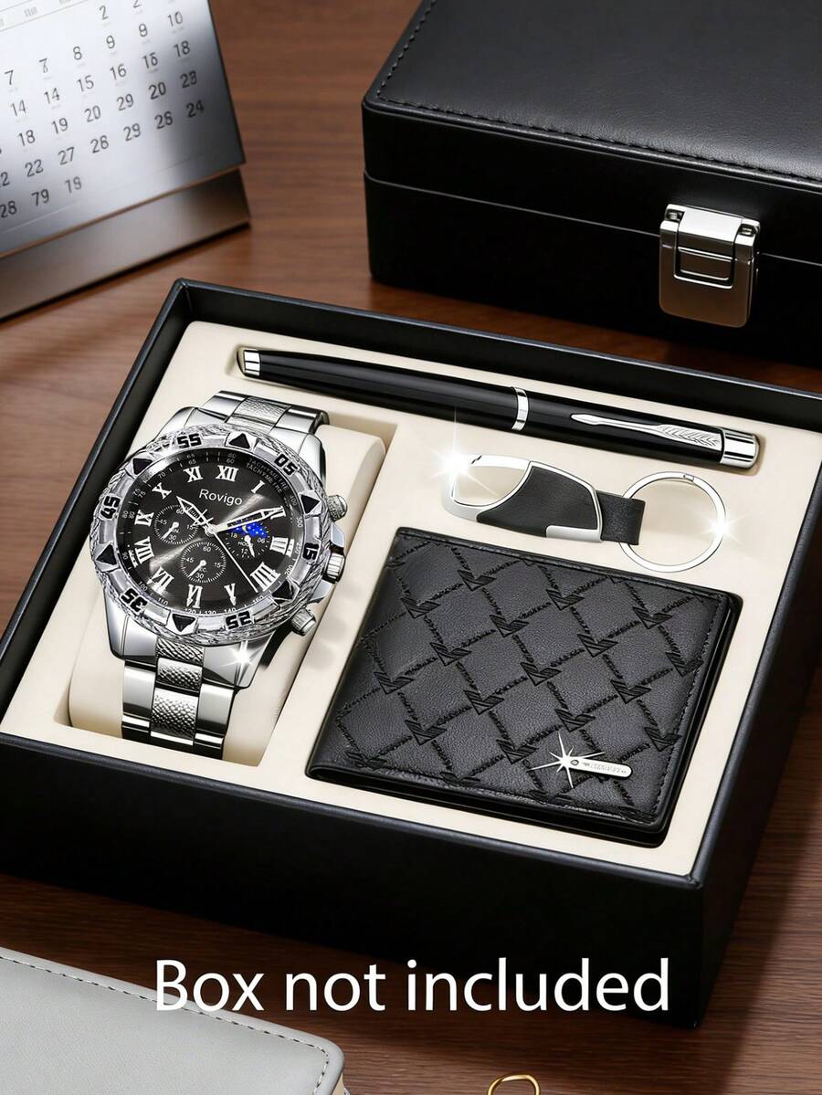 这款四件套婚礼季轻奢男士商务礼盒，属于男士腕表配件系列，包含一款多功能奢华男士腕表、一支男士钢笔、一个压纹钱包和一个钥匙扣。银色金属表带搭配罗马数字时标，散发着沉稳高贵的气质，彰显精英品味。 - 銀色 - 查看 1