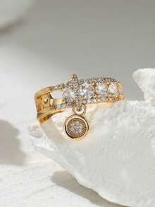 经典空心圆交叉几何戒指，女士黄色合成立方氧化锆订婚礼物 - 黃色 - 查看 4