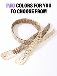 1条女士宽编织腰带草编腰带不规则金属扣可调节波西米亚风腰带夏季沙滩裙腰带 - 編織皮帶 - 查看 6