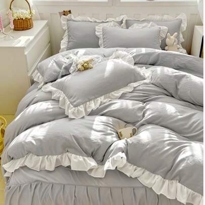 1件被套+2个枕套套装（不含被芯），柔软舒适，荷叶边简约设计，适合卧室和客房，可机洗，四季皆宜