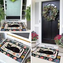 1件装黑色猫咪与彩色花卉趣味创意门垫 - 入口地毯 - 适用于厨房、浴室、门廊、客厅、酒吧、咖啡馆等场所，时尚家居装饰门垫，小地毯，迎宾垫，地毯，地垫，户外门垫，厨房地毯，家居装饰，前门垫，小地毯，户外垫，家居装饰，地毯，花园地毯，可水洗地毯 - 多色 - 查看 2