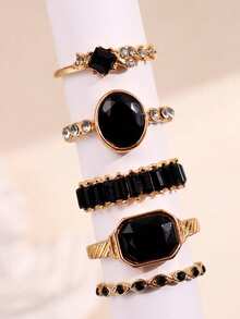 5pcs Set Fashionable Exquisite Luxury Versatile Casual Elegant Rhinestone Black Gemstone Gold Alloy Rings, Suitable For Girlfriend, Wedding Engagement - Multicolor - View 10