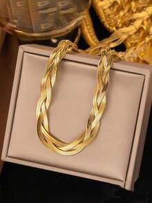 RAYQUEEN 1pc Handmade Stainless Steel 3-Color Chain Design Necklace & Bracelet Set, Suitable For Daily Wear And Gift - Yellow Gold - View 6