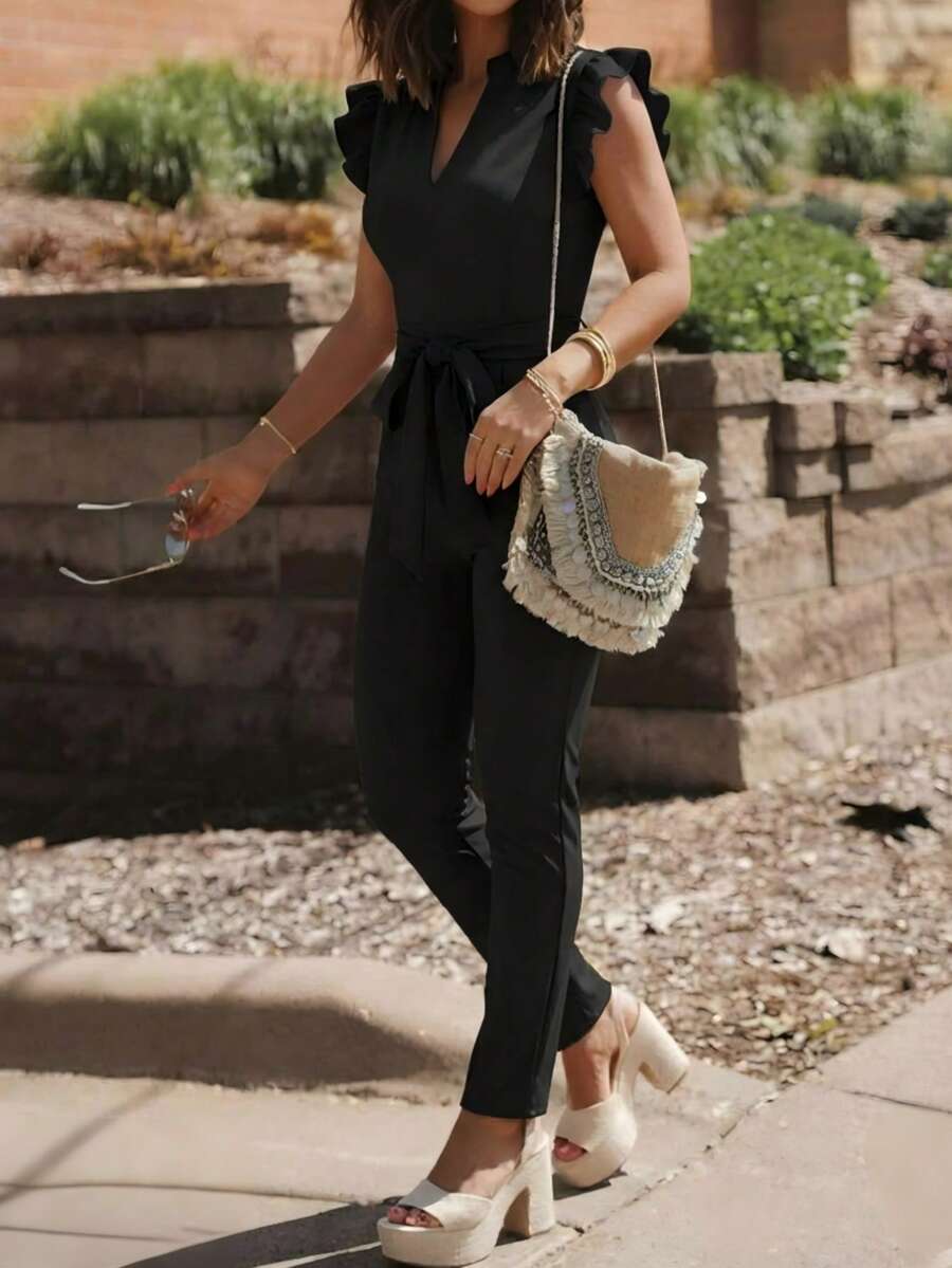 Bộ jumpsuit nữ thanh lịch, màu trơn, không tay, cổ chữ V, gợi cảm, chất liệu chiffon, tay ngắn phối họa tiết, có thắt lưng, màu đen, thích hợp cho mùa xuân/hè. - màu đen - Xem 1