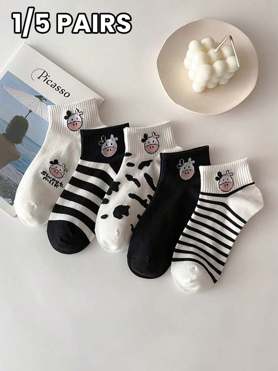 1/5 Pair Cartoon Cow Embroidered Socks, Black & White Striped Polka Dot Breathable Moisture-Wicking Unisex Socks, Japanese School Style Versatile Ankle Socks - Multicolor - View 1