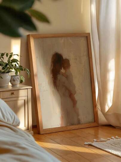 1 pieza Sin marco, Lienzo minimalista de madre e hijo - Arte de pared de retrato en tono beige pastel. Decoración escandinava y bohemia para dormitorio y guardería. Regalo ideal para el Día de la Madre o baby shower para mujeres
