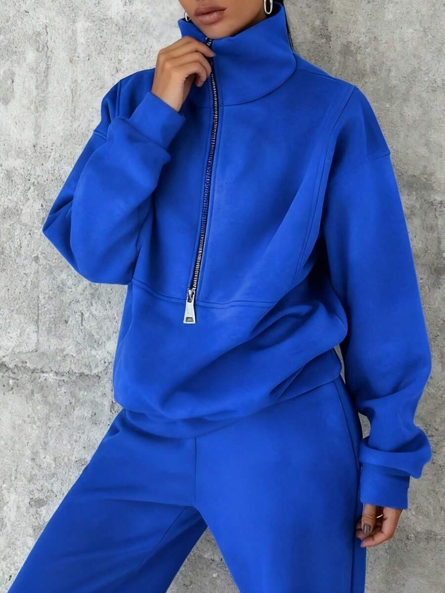 Women's Oversized Half Zip Tracksuit High Neck Loose Fit Sweatshirt And Wide Leg Pants Set Women's Casual Oversized 2 Piece Tracksuit Half Zip High Neck Sweatshirt And Wide Leg Pants Loungewear Cozy Must-Have! Women's Oversized Half Zip Tracksuit High Neck Loose Fit Sweatshirt & Pants Stylish & Comfortable: Women's Oversized 2 Piece Half Zip Tracksuit High Neck Sweatshirt Outfit - 藍色 - 查看 1