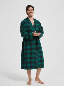 1pc Lightweight Plaid Bathrobe, Minimalist Elegant Style For Men, Suitable For Early Spring & Summer - Green Plaid - View 5