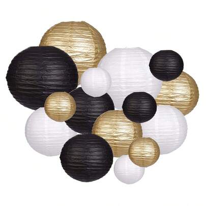 1set(15pcs) - Black And Golden Paper Lanterns Set, No Electricity Or Battery Required, Versatile Party Decorations For Birthday, New Year, Graduation Events