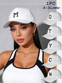 1pc Adjustable Embroidered Letter Baseball Cap, Outdoor Casual Sun Protection Hat, Classic Trucker Driver Cap, Snapback Hat, Suitable For Spring/Autumn Sports, Travel, Beach, Unisex Y2K Style - White - View 1