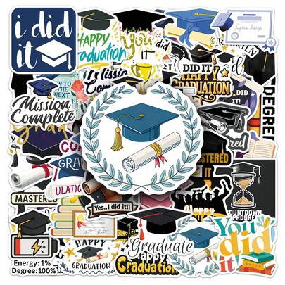 50张毕业季贴纸涂鸦贴纸装饰行李箱、骑行装备、水壶、DIY滑板、行李箱、头盔自粘剪贴簿用品文具趣味贴纸Kindle