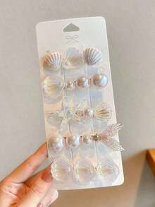 5pcs Women Blue Starfish & Seashell Tail Hair Clips, Ocean Theme Hair Accessories Suitable Daily Use ,Flat Claw Clip, Alligator Hair Clip, Hair Slide, Hair Claws - 白色 2 - 查看 4