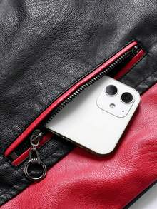 AHTELB Men's PU Leather Jacket, Casual Outdoor Sports Riding Jacket With Stand Collar And Contrast Color - Red - View 4