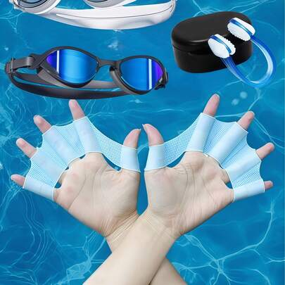 Bộ 3 phụ kiện bơi lội: Vây tay + Kẹp mũi + Kính bơi, Thích hợp cho người lớn, Tặng kèm vây bơi, Kẹp mũi silicon chống trượt, Kính bơi unisex, Thiết bị bơi lội, Đồ dùng bơi ngoài trời, Chất liệu silicon, Vây bơi, Thích hợp cho hồ bơi, bãi biển và tập luyện lặn, Vật dụng cần thiết cho bãi biển