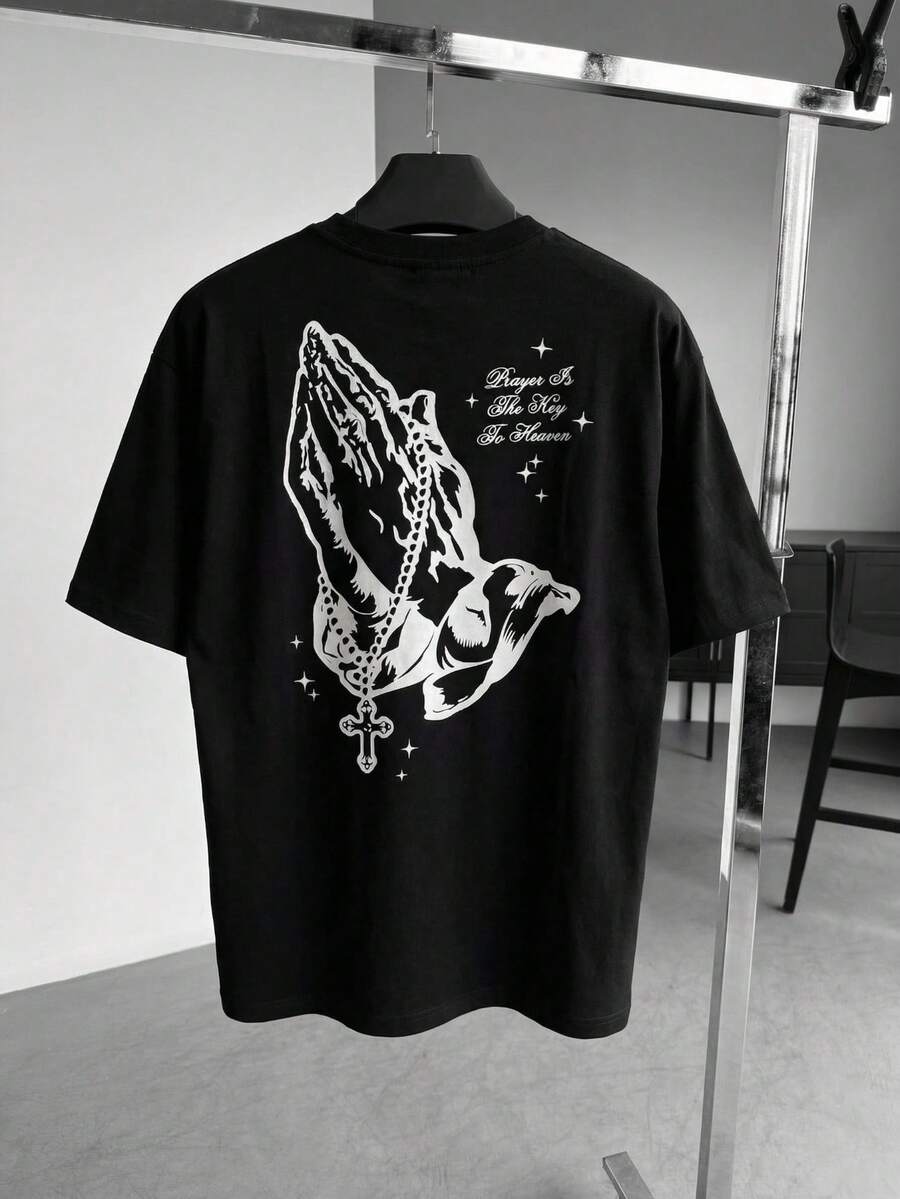 FRACTYR 男士休闲街头风宽松圆领印花T恤，夏季款 - 黑色 - 查看 1