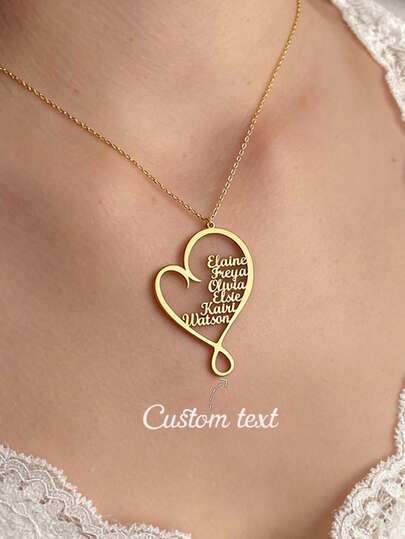Customized Personalized Creative Heart-Shaped Name Necklace, Can Customize 1-6 Names, Stainless Steel Heart-Shaped Name Pendant Jewelry, Unisex Nameplate Pendant Necklace, Family Heart-Shaped Genealogy Necklace