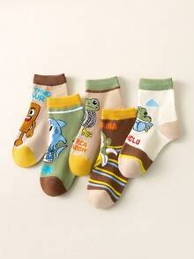 5双装儿童趣味“山海经典”卡通袜 - 中筒袜，饰有猴子、鲨鱼和青蛙图案 | 透气防滑婴儿袜 | 男女童日常穿着（四季皆宜） - 彩色 - 查看 5