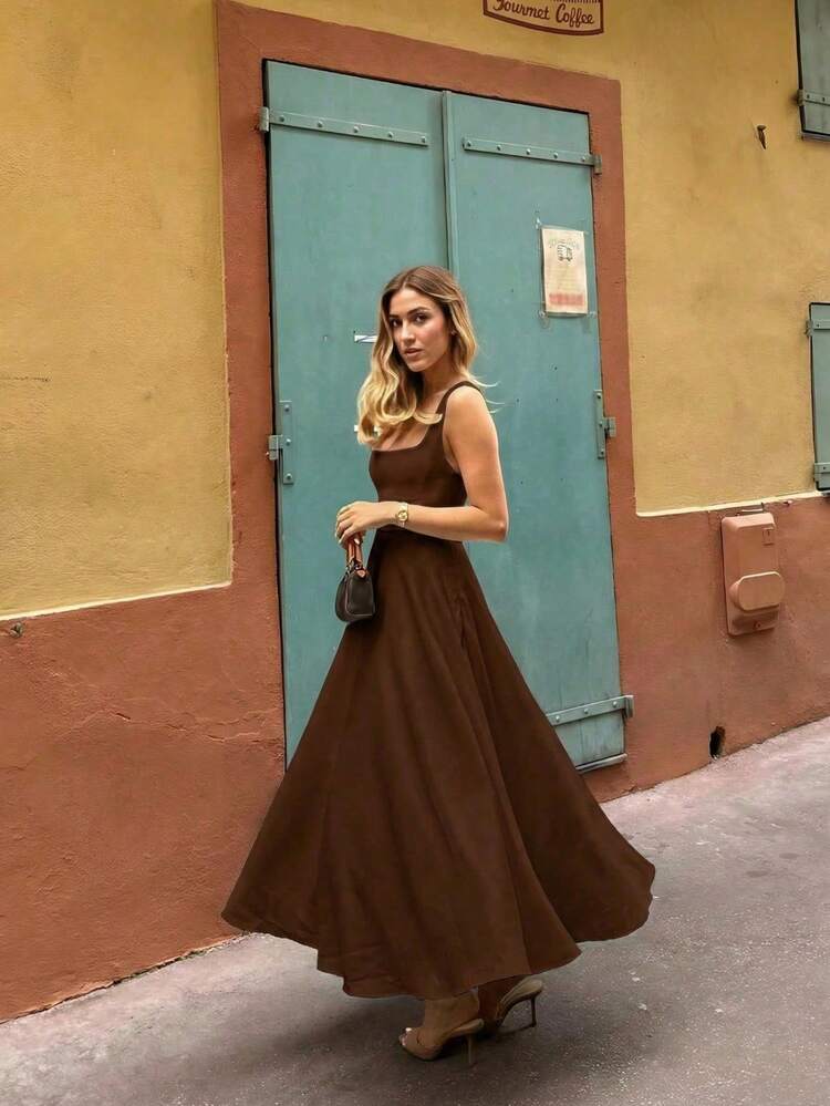 Vestido de Zíper de Tecido Trançado Elegante e Casual de Cor Sólida Floreya, Adequado para Encontros à Noite, Férias, Casamentos, Primavera/Verão - Castanho - Visão 1