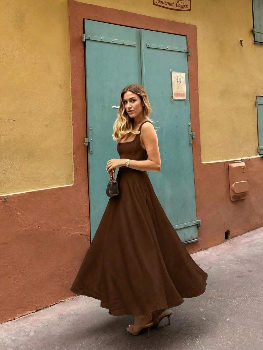 Vestido casual y elegante de tela tejida con cierre de cremallera de unicolor Floreya, adecuado para citas por la noche, vacaciones, bodas, primavera/verano - Marrón - Ver 1