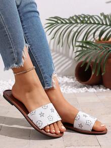 Sandal Selop Wanita Bentuk H, Gaya Romawi Kasual, Hak Rendah Nyaman dengan Desain Timbul, Sandal Datar Prancis untuk Pantai - Putih - View 2