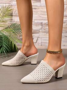 女士布面高跟尖头穆勒拖鞋，厚跟套脚休闲凉鞋 - 米色 - 查看 2