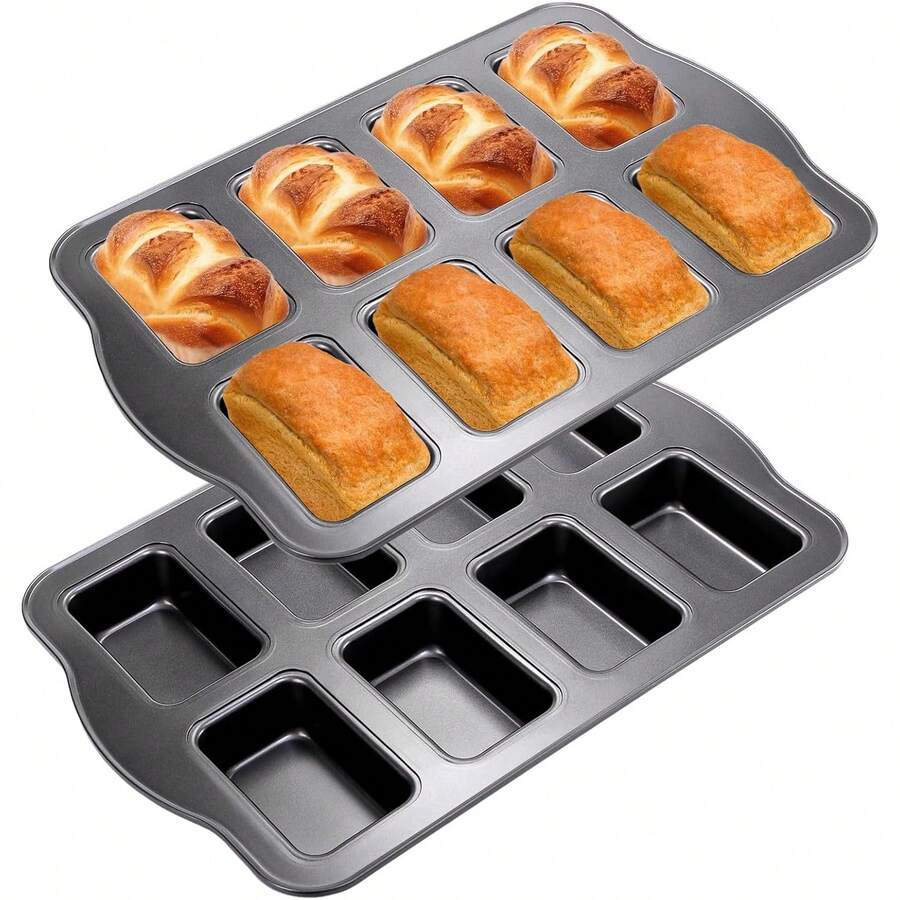 Bộ 1/2 khuôn nướng bánh mì mini 8 lỗ, khay nướng bánh mì nhỏ chống dính, khuôn nướng bánh mì hình chữ nhật bằng thép carbon, thích hợp để nướng bánh mì ngô, bánh mì chuối mini, bánh phô mai, bánh brownie mini.