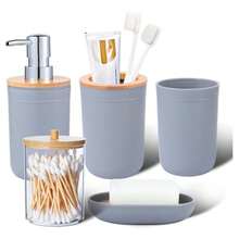Bộ đồ dùng phòng tắm đơn giản 5 món, bao gồm bình đựng xà phòng lỏng, cốc súc miệng, giá đựng bàn chải đánh răng, khay đựng xà phòng, hộp đựng tăm bông, phụ kiện phòng tắm. - bộ đồ dùng vệ sinh cá nhân - Xem 16