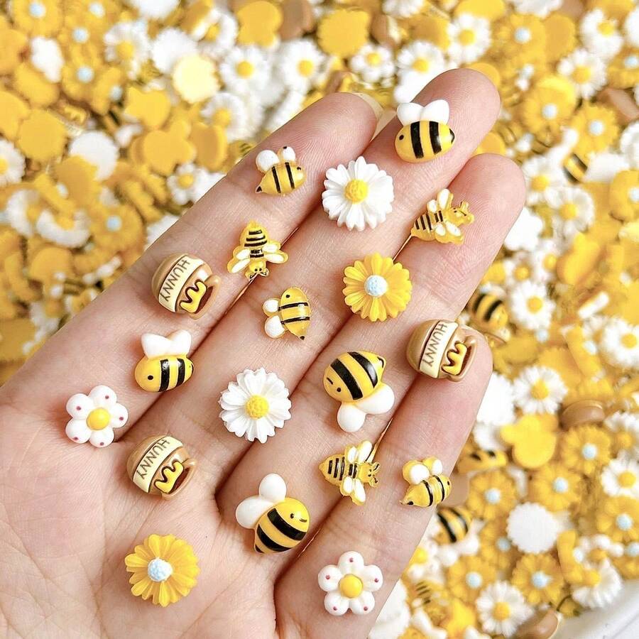 10个/20个随机混装ABS卡通黄色小蜜蜂可爱蜂蜜罐花朵美甲饰品甜美风格美甲配件DIY美甲用品 - 彩色 - 查看 1