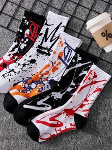 4 Pairs Of Men's Colorful Stylish Street Style Doodle Crew Socks, Random Colors, Fall - 多色 2 - 查看 13