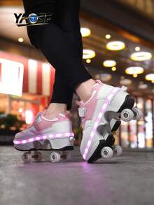 Upgraded High-End Kids Roller Skates LED Flashing Walk-And-Glide Shoes, Children & Teen Sports Shoes, Fashion Light-Up Walking Shoes, Outdoor Sports Roller Shoes, Cool Flashing Inline Skates For Boys & Girls, Lightweight Comfortable Sports Shoes, Kids Birthday Gift, Anti-Roll Reinforced Sole + Stable Support, Glowing Shoes For Safer Gliding, Breathable Comfortable Upper, Lightweight Durable, Street Style, More Visible & At Night, Peace Of Mind For Parents, Suitable For School, Outdoor & Daily Wear - Pink - View 8