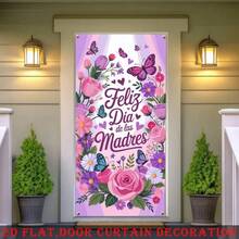 2D Flat Design, Happy Mother's Day Pink Flower & Butterfly Pattern Curtain Decor, Suitable For Party Fabric, Spring Door Decoration, 2D Flat Design, Multiple Styles And Sizes - 6 - View 4
