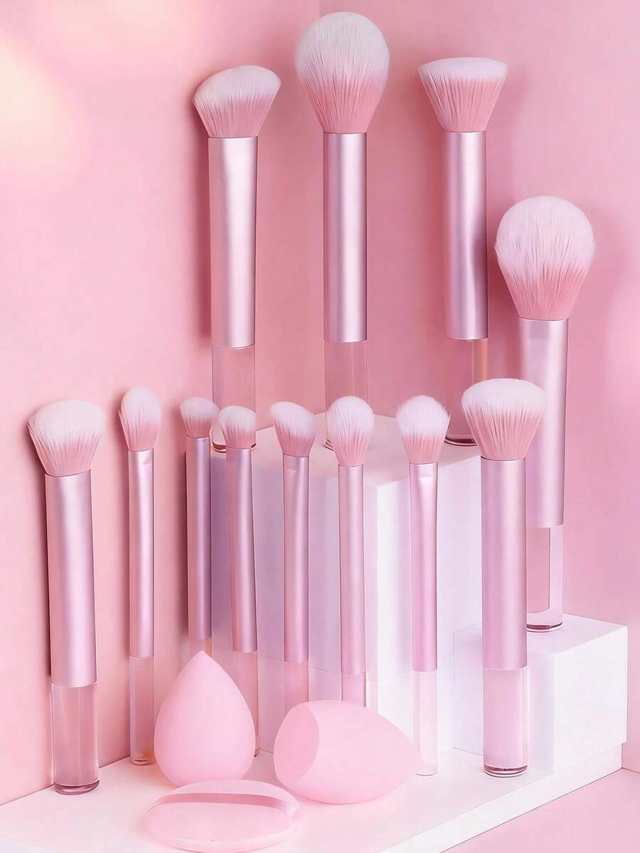 12pcs Pink Transparent Handle Multifunctional Makeup Brush Set - Powder Brush, Blush Brush, Foundation Brush, Eyeshadow Brush, Contour Brush + Angled Makeup Sponge + Round Makeup Sponge, Essential For Beginners - Pink - View 1