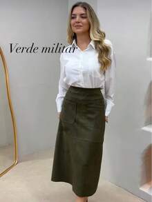 WOMEN'S SUEDE SKIRT WITH ZIPPER AND POCKET. STYLE AND ELEGANCE. - 軍綠色 - 查看 5