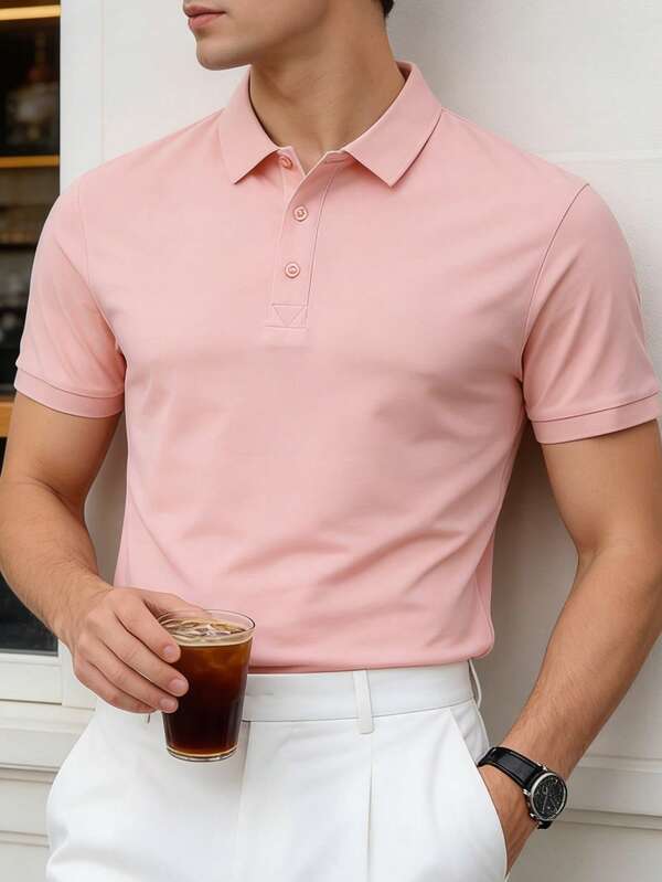 Camisa polo casual de manga corta de unicolor para hombres, adecuada para golf y deportes, camisa polo negra