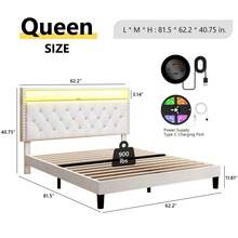 LED Bed Frame With Storage Shelf Headboard, Velvet Upholstered Bed Frame With Charging Station, Modern Bed Frame With Diamond Tufted Headboard, No Box Spring Needed, White/ Black, Full/ Queen/ King  (USB LED Strip) - 白色 - 查看 9