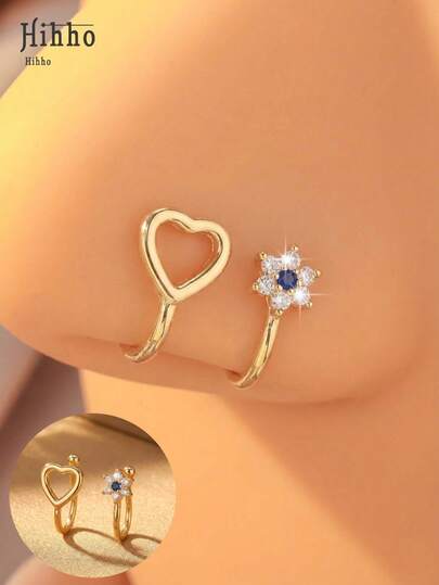 Hihho 2pcs Copper Heart & Flower Fake Nose Clip Rings, Suitable As Gifts For Women To Attend Parties, Birthdays, For Girlfriend, Mom, Mother, Mother's Day