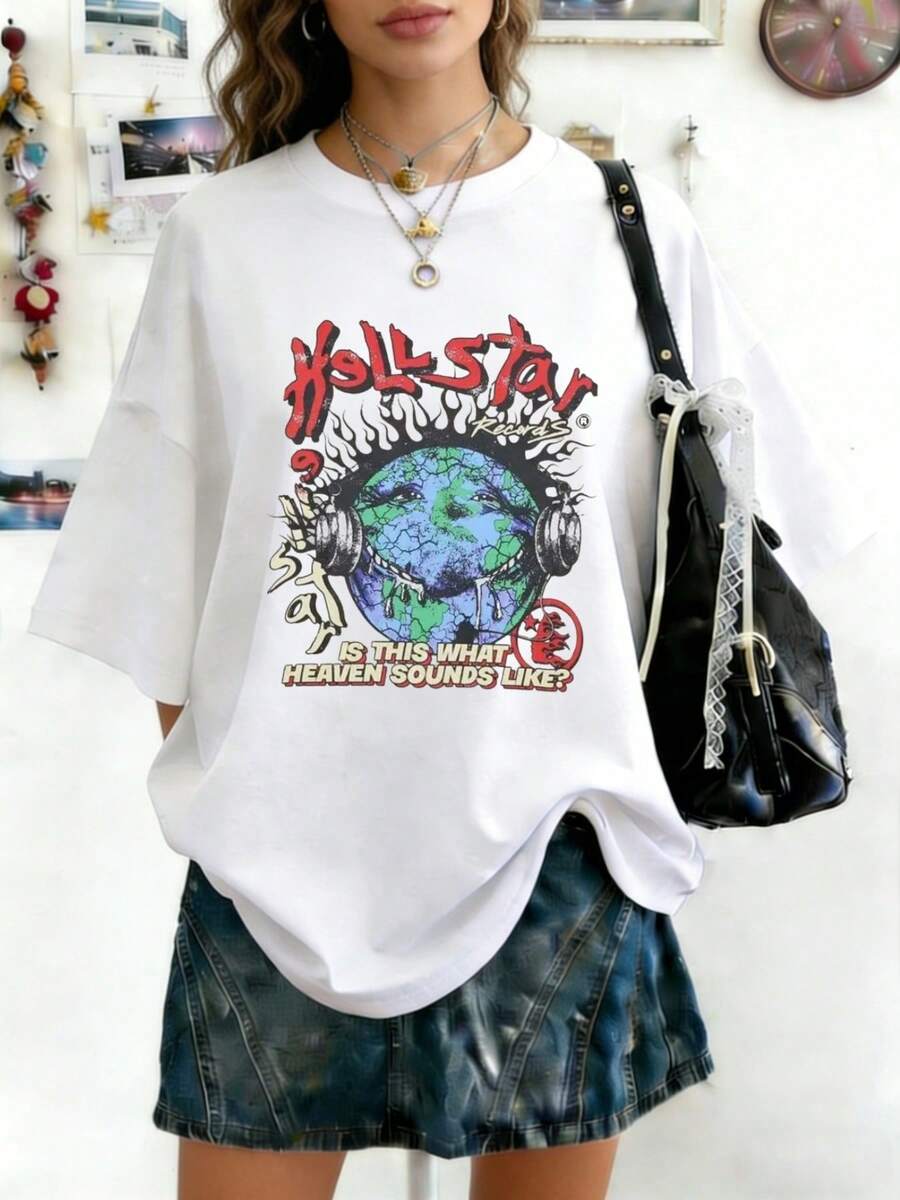 Plus Size Hellstars Records Is This What Heaven Sounds Like Earth Y2K Graphic T-Shirt,220g 100% Cotton,Round Neck Short Sleeve,White Streetwear Essential For Summer Going Out,Unisex Style - White - View 1