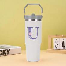 30oz Water Bottles Stainless Steel Insulated Tumbler With Carry Handle Double Walled Leak Proof Fits Most Cup Holder Water Cup With Lid And Straw For Gym Home Office Travel A-Z Letters Purple Flower Pattern - Multicolor - View 17