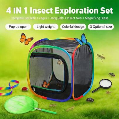 4 In 1 Portable Instant Pop-Up Insect Capture Observation Breeding Mesh Cage Inserct Exploration Sets With See-Through PVC Firm & Airflow Mesh | Foldable Outdoor Capture Set With Capture Net & Magnifier | Perfect For Insect Observation And Study (Multiple Sizes)
