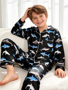 2pcs Tween Boy Shark Print Long Sleeve Pajama Set - Multicolor - View 4