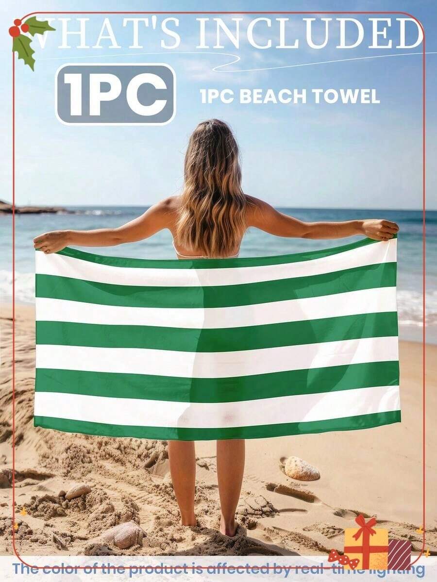 1pc Printed Beach Towel, Deep Green And White Striped Pattern, Suitable As Swimwear, Bath Towel, Fashion Style, Super Absorbent, Applicable For Bathroom, Swimming, Fitness, Yoga And Other Occasions, Soft And Comfortable Microfiber Material, Lightweight And Easy To Carry, Microfiber, Durable, Fade Resistant, Skin Friendly, Machine Washable, Sand-Proof, Cooling Towel, Towel Wrap, Travel Towel, Gym Towel, Hair Towel, Hand Towel, Beach Vacation Essentials, Beach Must Haves, Beach Mat, Beach Blanket, Beach Gear, Beach Supplies, Beach Items, Cruise Accessories, Pool Accessories, Beach Accessories, Bathroom Accessories, Ideal Gift For Family, Girlfriends - B - 查看 1