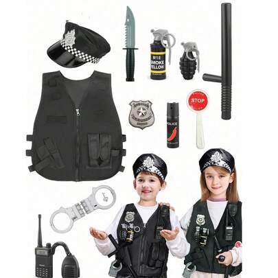 Bộ đồ chơi nhập vai 11 món, phù hợp cho cả bé trai và bé gái, bao gồm huy hiệu, bộ đàm, dùi cui, còng tay, áo vest, áo chống đạn và mũ, hoàn hảo cho các bữa tiệc nhập vai và hóa trang của trẻ em, cũng là món quà Giáng sinh và sinh nhật lý tưởng cho trẻ từ 6-8 tuổi trở lên.