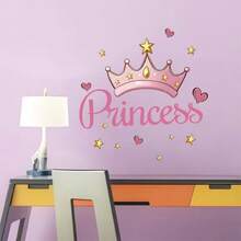 Pink Princess Crown Wall Sticker, Decor For Girls Room, Heart Cartoon Sticker, Birthday Gift - A - View 2