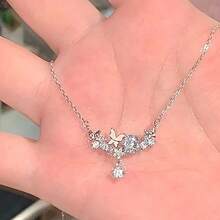 1 pieza Nuevo collar con colgante de mariposa de diamante de imitación, collar gargantilla versátil dulce y fresco para mujeres - Plateado - Ver 2