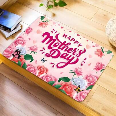 1 Stück Happy Mother's Day Rose & Schmetterling Flanell Fußmatte, rutschfest und saugfähig für Küche/Bad, geeignet für Eingang, Balkon, Garten, Schlafzimmer, Wohnzimmer, Bad, Arbeitszimmer - Innen- und Außenbereich | Strapazierfähige Fußmatte, Frühlings-Heimdekoration