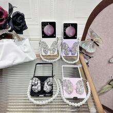 keshengtai PU Leather Ripple Rhinestone Butterfly Phone Case With 1pc Pearl Bracelet, Hard PC Back Cover Protective Case For Samsung Galaxy Z Flip7, Z Flip7FE, Z Flip6, Z Flip5, Galaxy Z Flip4, Galaxy Z Flip3 - Pink - View 2