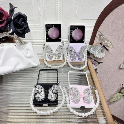 keshengtai PU Leather Ripple Rhinestone Butterfly Phone Case With 1pc Pearl Bracelet, Hard PC Back Cover Protective Case For Samsung Galaxy Z Flip7, Z Flip7FE, Z Flip6, Z Flip5, Galaxy Z Flip4, Galaxy Z Flip3