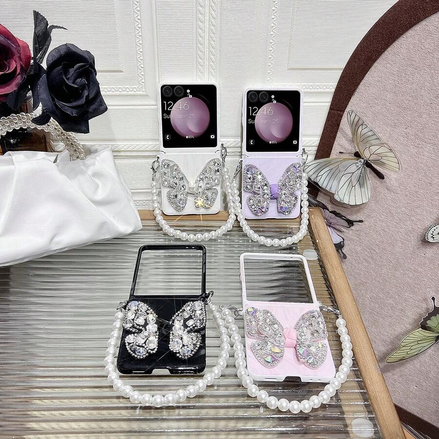 keshengtai PU Leather Ripple Rhinestone Butterfly Phone Case With 1pc Pearl Bracelet, Hard PC Back Cover Protective Case For Samsung Galaxy Z Flip7, Z Flip7FE, Z Flip6, Z Flip5, Galaxy Z Flip4, Galaxy Z Flip3